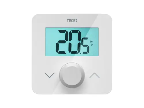 TECE Raumbediengerät mit LCD-Display zur Temperaturregelung. Anzeigewert von 20,5 °C und Bedienelement zur Einstellung der Temperatur. Weißes, schlichtes Design.